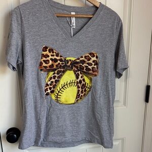 Bella Canvas Gray V-Neck Tee with Yellow Softball and Leopard Bow Size L